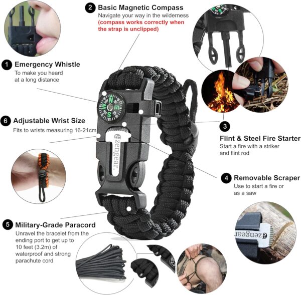 aZengear Paracord Survival Bracelet, Fire Starter Made of Flint and Steel, Whistle and Compass, Adjustable Strap Size for Camping, Bushcraft and Emergency Equipment - Image 3