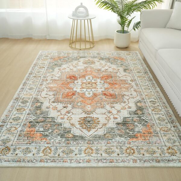 Xfrog Vintage Area Rug Large Machine Washable Rug Non-Slip Short Pile Floral Print Traditional Rug Carpet for Office Dining Living Room 160x230CM - Image 2