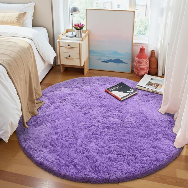OLANLY Purple Round Rugs for Bedroom - Machine Washable, 4x4 Feet Circle Area Rugs for Living Room, Soft and Fluffy Shaggy Carpet for Teen Girls and Boys, Dorms, Nursery Rooms, Home Decor Aesthetic - Image 3