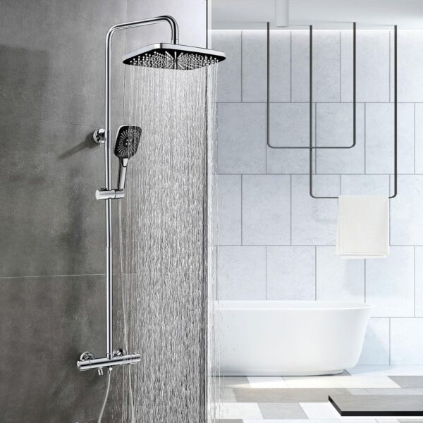 SHANFO Thermostatic Exposed Shower System - Rectangle Overhead Shower, Hand Shower and Bath Filler Combo - Chrome - Image 2