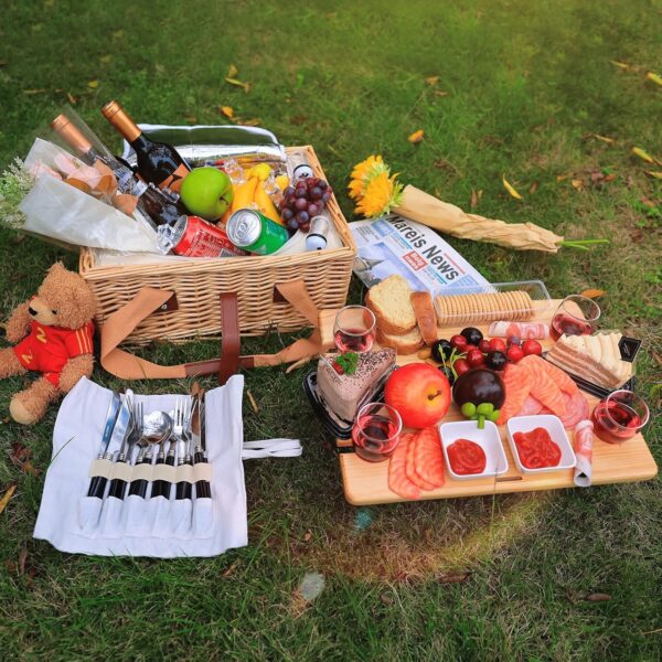 Hap Tim Wicker Picnic Basket for 2 with Mini Folding Wine Picnic Table & Large Insulated Cooler Bag & Cutlery Service Kits for 2 Person, Couples Gifts, Wedding Gifts (Y2307-2-CM) - Image 3