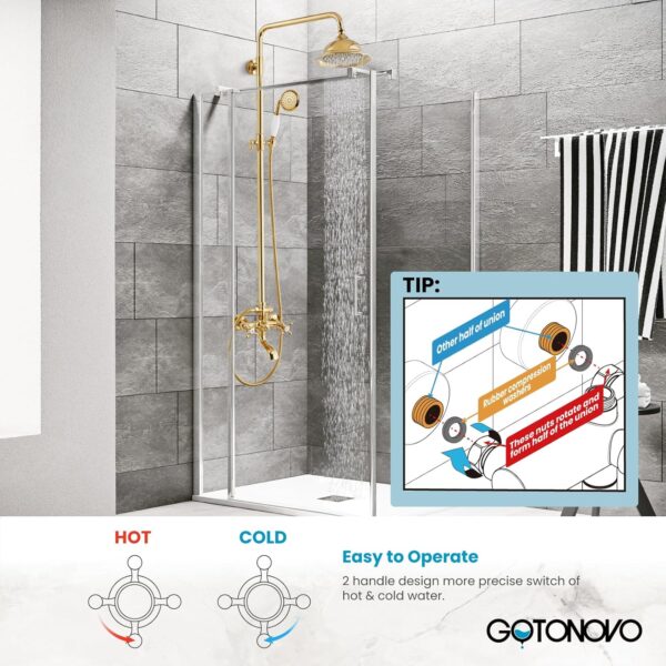 gotonovo Bathroom Exposed Shower Faucet 8 Inch Rainfall Shower Head Set with Tub Spout and Handheld Spray Double Cross Handles Wall Mount Straight Bar without Shower Shelf Polished Gold - Image 5