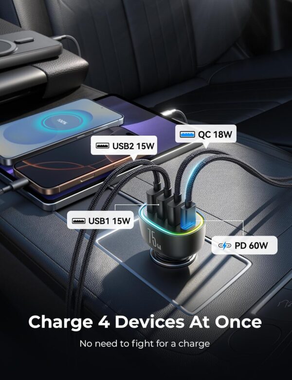 2025 Upgrade 75W USB C Car Charger, 4 Ports [ PD 60W & QC3.0] Super Fast Mini Adapter, USB Car Charger Compatible with iPhone 16/15/Samsung S24, Cigarette Lighter USB Charger for Family Travel - Image 6