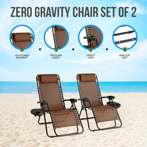 Sedol Zero Gravity Chairs Set of 2 - Heavy Duty Textoline Outdoor Gravity Chair - Reclining & Folding Garden Chairs with Cup Holder and Headrest - Sun Loungers for Garden, Decking, and Patio (Brown) - Image 5