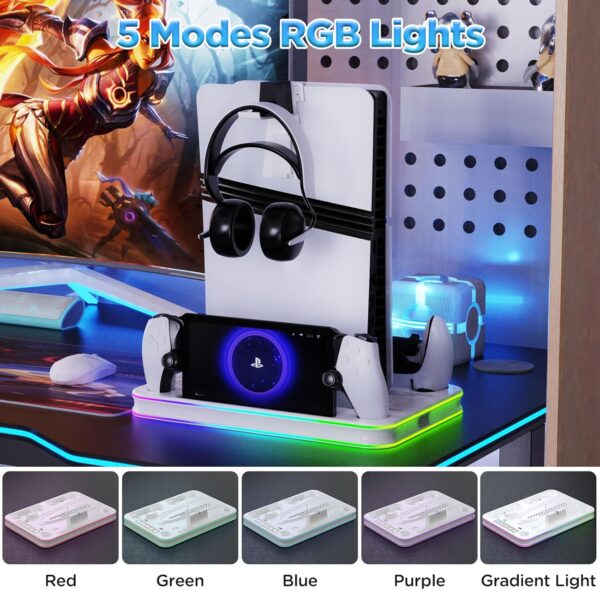 Aceshop PS5/PS5 Slim/PS5 Pro Stand and Cooling Station with RGB Light Charging Dock for PS Portal and Dual Sense & Edge Controller Charging Station for PS5/PS5 Slim/PS5 Pro Accessories with Hook - Image 7