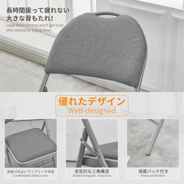 BOOSDEN Folding Chair, Foldable Chair, Set of 2, Fabric Fold Up Chairs for Home, Office, Dining, Portable and Compact Metal Frame Folding Seat, High Back Padded Fold Out Chairs Indoor & Outdoor, Grey - Image 4