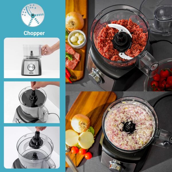 Geepas 1200W Compact Food Processor | Multifunctional Electric Food Mixer with Chopper Knead Dough Shredder Slicing Grating & Emulsifying disc, 2 Speed with Pulse Control | 1.5L, 2 Years Warranty - Image 5