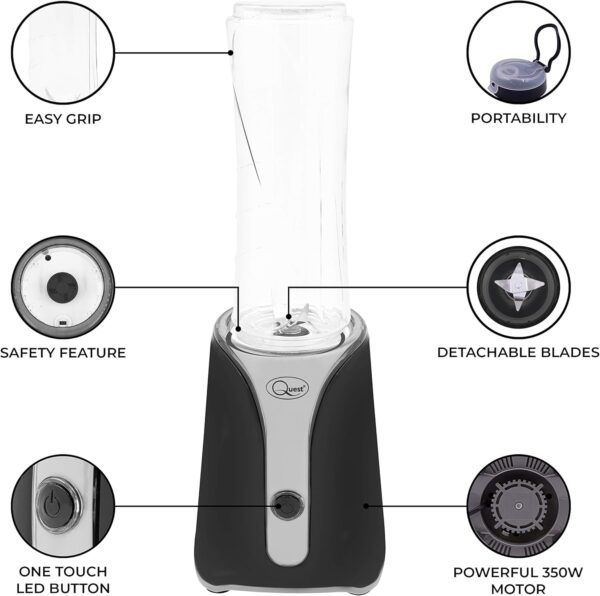 Quest Personal Blender & Smoothie Maker | 350 Watt | Includes 2x 600ml Portable Bottles | One Touch Button | Slimline, Portable and Compact | Stainless Steel Blades (Black & Grey) - Image 4