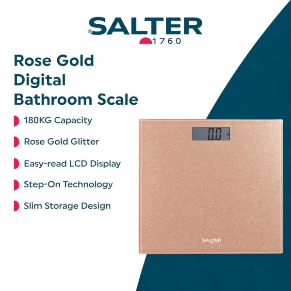 Salter Digital Bathroom Scale - Electronic Digital Bodyweight Scale, Glitter Rose Gold Platform, 180kg/28st 8lb, LCD Large Display, Step On Instant Accurate Readings, Slim Storage, Includes Battery - Image 3