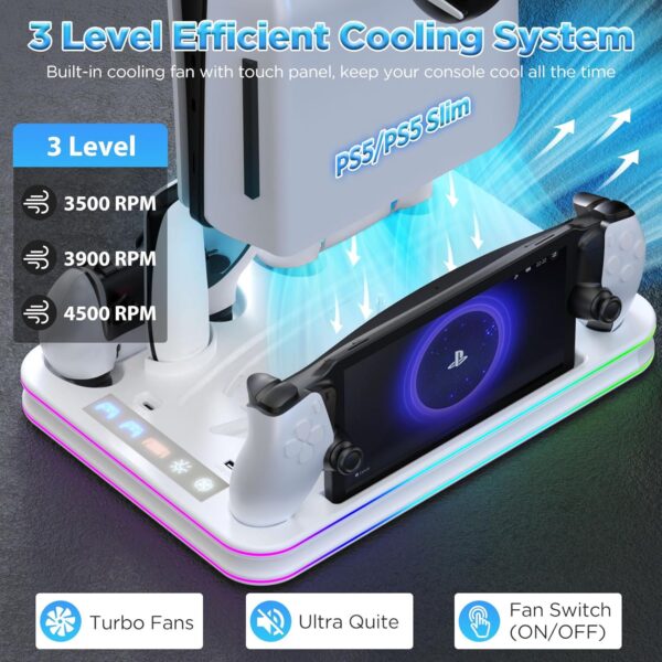 Aceshop PS5/PS5 Slim/PS5 Pro Stand and Cooling Station with RGB Light Charging Dock for PS Portal and Dual Sense & Edge Controller Charging Station for PS5/PS5 Slim/PS5 Pro Accessories with Hook - Image 3