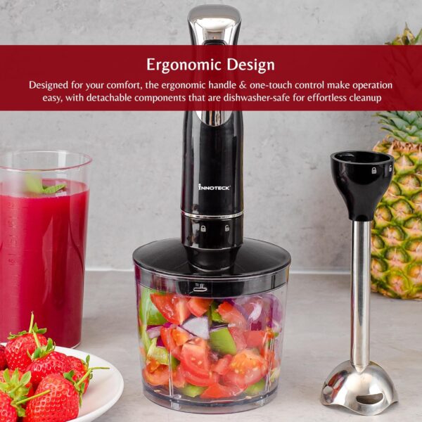 Innoteck Kitchen Pro Hand Blender with Chopping Bowl, Whisk and Measure Up - Powerful 600W, 2 Speeds, 500ml Chopper Bowl - Food Processor - Splashproof & Easy to Clean - Immersion Mixer - Black - Image 6