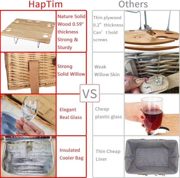 Hap Tim Wicker Picnic Basket for 2 with Mini Folding Wine Picnic Table & Large Insulated Cooler Bag & Cutlery Service Kits for 2 Person, Couples Gifts, Wedding Gifts (Y2307-2-CM) - Image 5
