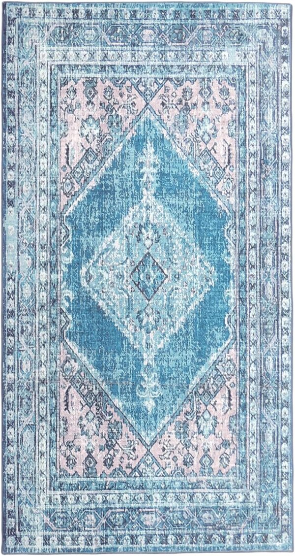Terafeels Washable Blue Rugs Living Room - Traditional Rug for Bedroom Anti Slip Classic Carpets for Living Room Vintage Area Short Pile Rugs 80x150CM Teal 12311080 - Image 2