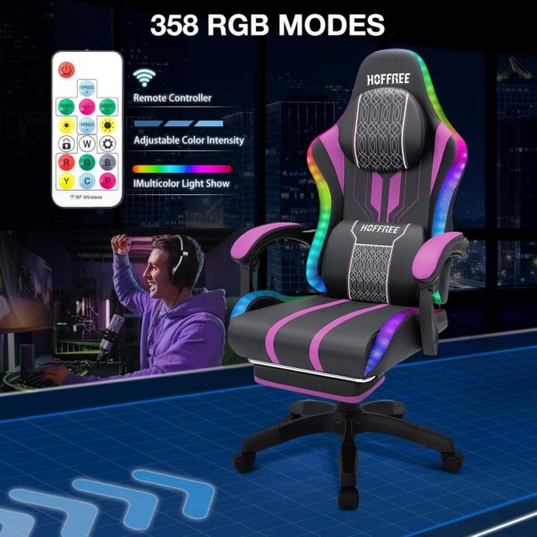 HOFFREE Massage LED Gaming Chair with Speakers, Large and High Video Game Chair with Footrest for 400lbs - Purple and Black High Back Reclining Computer Desk Chair - Image 5