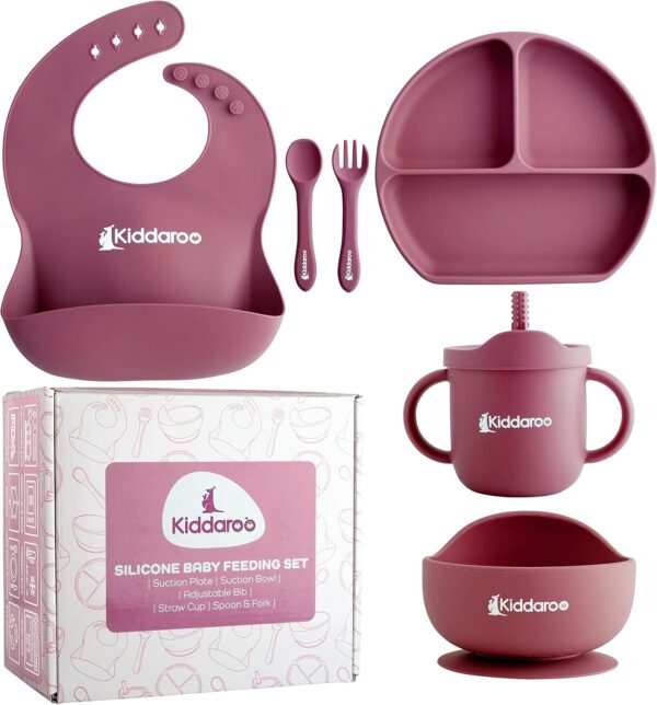 Kiddaroo Baby Weaning Set - Suction Bowl & Plate, Sippy Cup with Straw Lid, Spoon & Fork, Adjustable Bib - Food-Grade Silicone, Safe for Microwave, Oven, Freezer, Dishwasher - with BLW eBook - Pink - Image 2