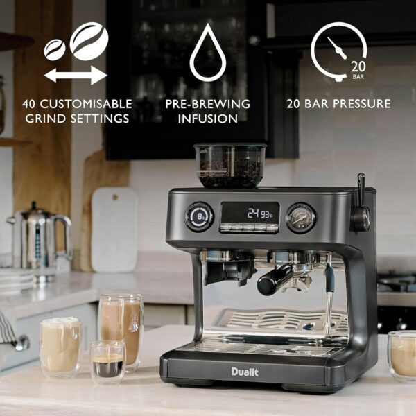 Dualit Espressivo Pro Coffee Machine - Dual Boiler - Integrated Coffee Bean Grinder - Steam Wand - 2.8L Removable Water Tank - Built in Warming Plate - 20 Bar Pressure - Stainless Steel - Image 3
