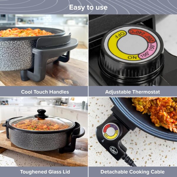 Quest 35410 30cm Multi-Function Electric Cooker Pan with Lid/Adjustable Thermostatic Control/Non-Stick Aluminium / 30 x 30cm Surface/Detachable Power Cable For Serving - Image 6