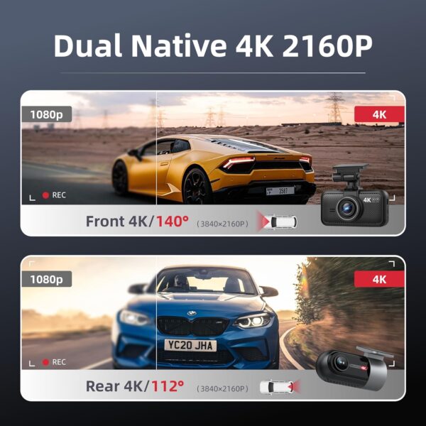 Dash Cam Front Rear, 4K Front + 4K Rear Full HD Dash Camera for Cars Built-in Wi-Fi Bluetooth GPS with 64GB SD Card, 3.0” IPS Screen with App Control, G-Sensor, HDR, Night Vision, 24H Parking Mode - Image 3