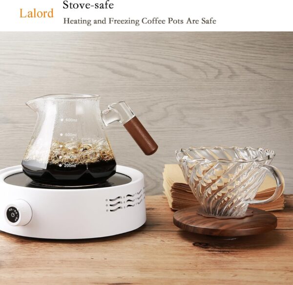 Lalord Pour Over Coffee Maker, 600 ml Borosilicate Glass Set with 100 pcs Size 02 Paper Filter, Walnut Collar & Glass Lid, Drip Coffee Maker, 1-3 Cups, Clear - Image 6