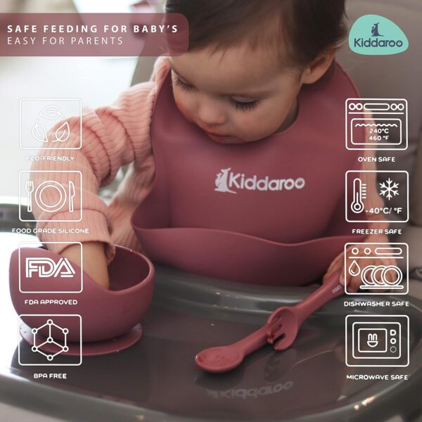 Kiddaroo Baby Weaning Set - Suction Bowl & Plate, Sippy Cup with Straw Lid, Spoon & Fork, Adjustable Bib - Food-Grade Silicone, Safe for Microwave, Oven, Freezer, Dishwasher - with BLW eBook - Pink - Image 6