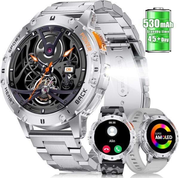 FOXBOX Smart Watch for Men,1.43’’AMOLED Military Smartwatch with Flashlight Answer/Make Calls,Blood Pressure Calorie Sleep Heart Rate Monitor, 110+ Sports Modes Smartwatches Android iOS Silvery - Image 2
