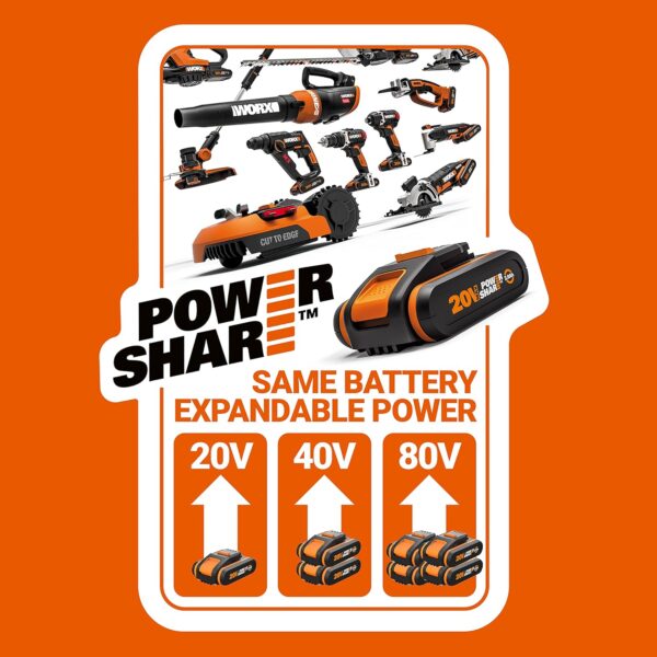 WORX 20V Cordless Grass Trimmer WG163E.3 with Fast Charger, 2 x 2,0Ah Batteries, PowerShare, 2-in-1 Strimmer/Edger, 90° Head pivots, Command Feed System - Image 3