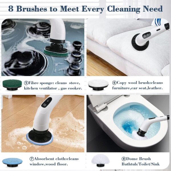 Tuocal Electric Spin Scrubber, Cordless Cleaning Brush with 8 Replaceable Brush Heads and Adjustable Extension Handle, Power Cleaning Brush for Cleaning Bathroom Bathtub Kitchen Tile Floor - Image 7