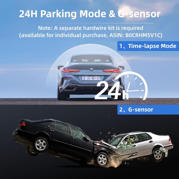 Dash Cam Front Rear, 4K Front + 4K Rear Full HD Dash Camera for Cars Built-in Wi-Fi Bluetooth GPS with 64GB SD Card, 3.0” IPS Screen with App Control, G-Sensor, HDR, Night Vision, 24H Parking Mode - Image 5