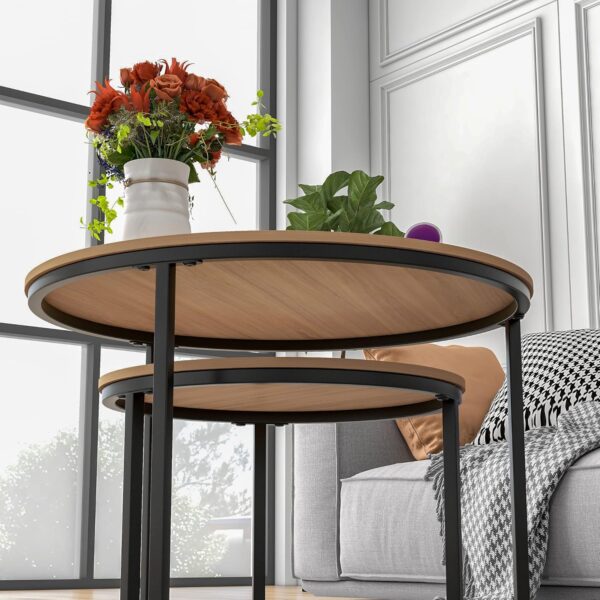 HOJINLINERO Black Round Coffee Table Set of 2 Side Table for Living Room,69.5x49cm Industrial Stacking End Tables,Wood Look Accent Furniture with Metal Frame End Table for Bedroom Decorations,Black - Image 6
