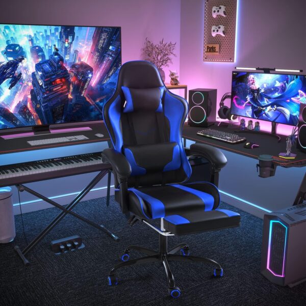 Shahoo Gaming Chair with Footrest and Massage Lumbar Support, Video Game Chairs Height Adjustable Seat with Headrest for Office or Bedroom, Study Room, Blue - Image 5