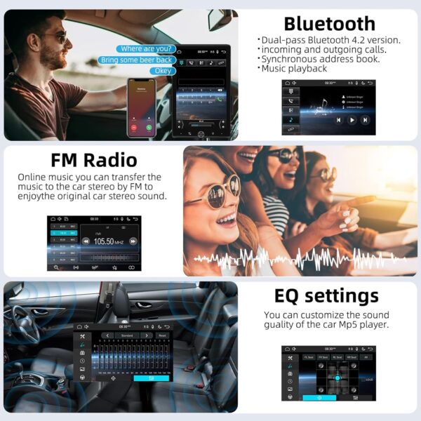 CAMECHO 10.4 inch Single Din Car Stereo with Wireless Carplay and Android Auto, Rotatable Vertical Screen with Bluetooth FM Radio Mirror Link USB/AUX/EQ+ Reversing Camera - Image 5