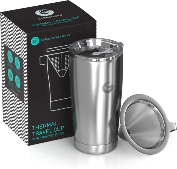 Coffee Gator Insulated Coffee Cup with Paperless Filter, All-in-One Hand Drip Coffee Maker with Filter, Thermal Stainless Steel Travel Cup for Hot Drinks - 585ml / 20oz (Sliver) - Image 2