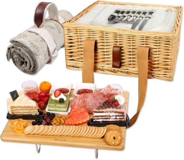 Hap Tim Wicker Picnic Basket for 2 with Mini Folding Wine Picnic Table & Large Insulated Cooler Bag & Cutlery Service Kits for 2 Person, Couples Gifts, Wedding Gifts (Y2307-2-CM) - Image 2