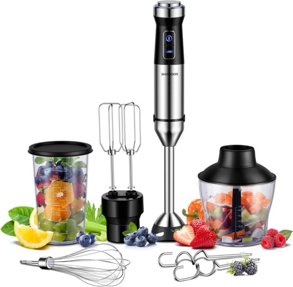 SHARDOR Hand Blender,6 In 1 Hand Blenders For Kitchen,power 1200w,20-Speed & Turbo Stick Blender,Scratch Resistant Hand Whisk Electric With Dough Hooks,Egg Beaters,Whisk,800ml Beaker,600ml Chopper - Image 2