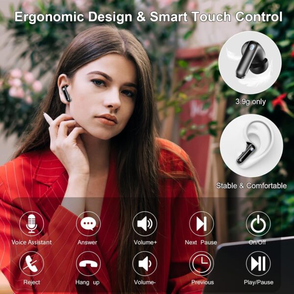 Earbuds Wireless Bluetooth Headphone, Bluetooth 5.4 Earbuds Noise Cancelling, 4 Mic, 45H Deep Bass Stereo Sound Earphone Wireless Headphone in ear, Dual LED Power Display, Type C Fast Charge Ear Buds - Image 8