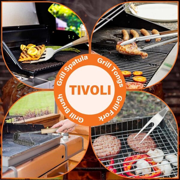 TIVOLI Grill Set 4PC BBQ Tools Set Grill Accessories with BBQ Spatula, BBQ Clips, Brushes, BBQ Forks Heavy Duty Grill Kit Grill Tools for Outdoor Grill with Wood Handles Gift Ideas for Dad Man - Image 6