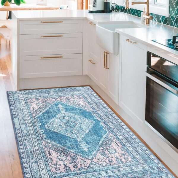 Terafeels Washable Blue Rugs Living Room - Traditional Rug for Bedroom Anti Slip Classic Carpets for Living Room Vintage Area Short Pile Rugs 80x150CM Teal 12311080 - Image 8