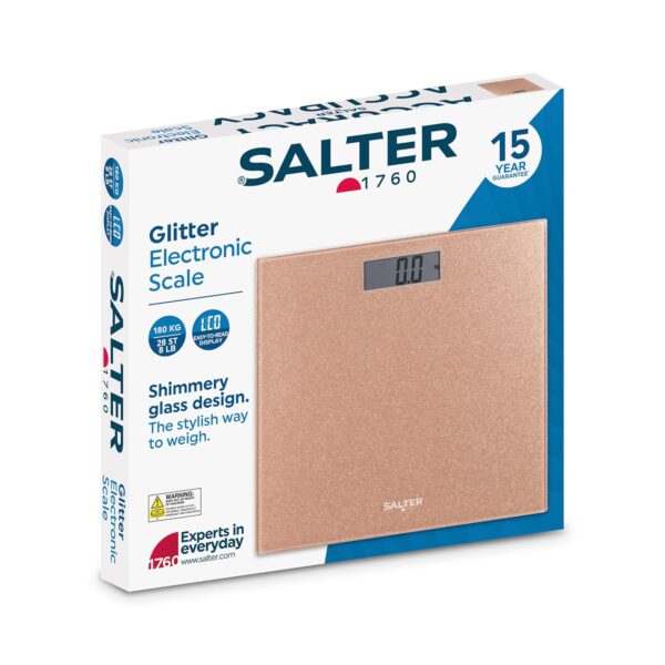 Salter Digital Bathroom Scale - Electronic Digital Bodyweight Scale, Glitter Rose Gold Platform, 180kg/28st 8lb, LCD Large Display, Step On Instant Accurate Readings, Slim Storage, Includes Battery - Image 9