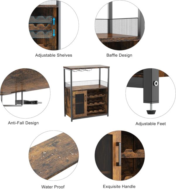 IDEALHOUSE 3-Tier Wine Bar Cabinet with Detachable Wine Rack and Drawer, Industrial Sideboard and Buffet Cabinet with Glass Holder and Mesh Door, Rustic Brown - Image 8