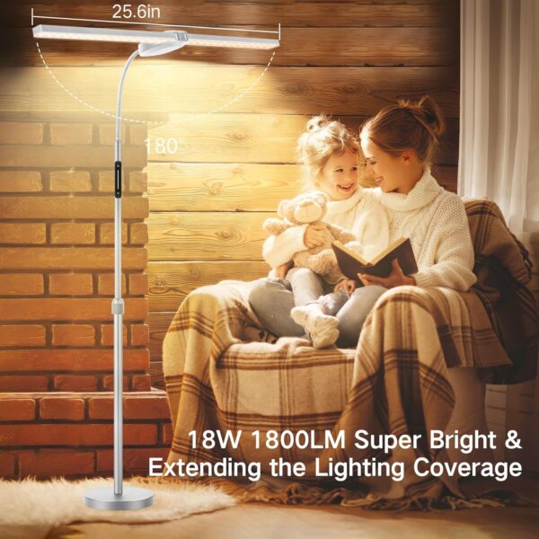OUTON LED Floor Lamp with Double Head, 18W 1800LM, Super Wide & Bright, Height Adjustable, Remote & Touch Control, Memory Function, Dimmable Standing Lamp for Reading, Working, Sewing, Silver Grey - Image 3