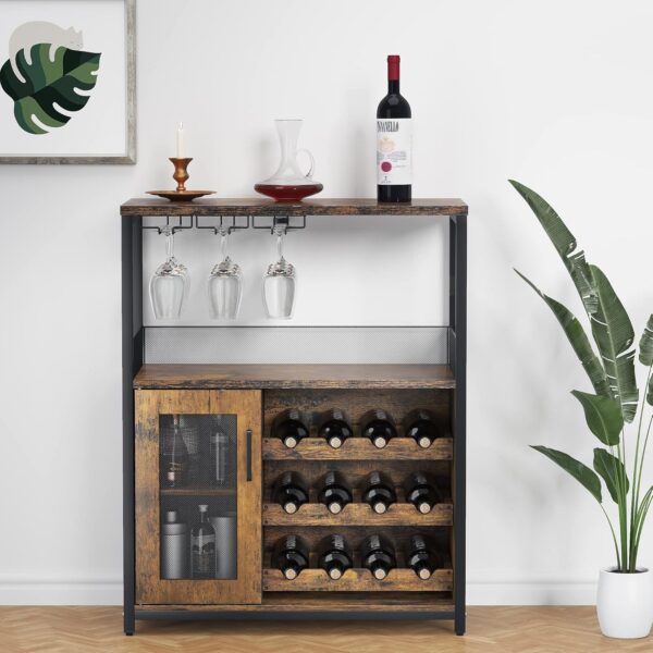 IDEALHOUSE 3-Tier Wine Bar Cabinet with Detachable Wine Rack and Drawer, Industrial Sideboard and Buffet Cabinet with Glass Holder and Mesh Door, Rustic Brown - Image 2