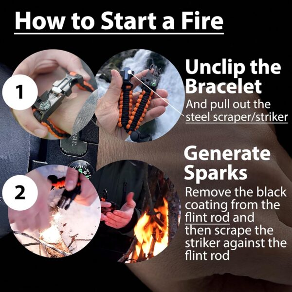 aZengear Paracord Survival Bracelet, Fire Starter Made of Flint and Steel, Whistle and Compass, Adjustable Strap Size for Camping, Bushcraft and Emergency Equipment - Image 5