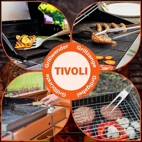TIVOLI Grill Set 4PC BBQ Tools Set Grill Accessories with BBQ Spatula, BBQ Clips, Brushes, BBQ Forks Heavy Duty Grill Kit Grill Tools for Outdoor Grill with Wood Handles Gift Ideas for Dad Man - Image 3