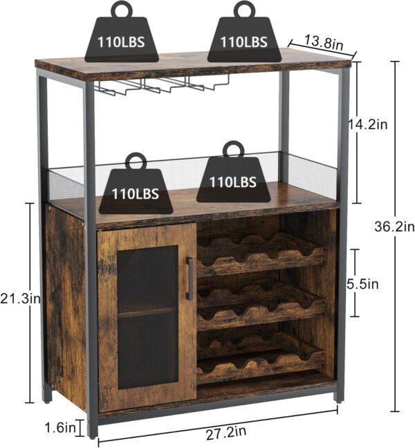 IDEALHOUSE 3-Tier Wine Bar Cabinet with Detachable Wine Rack and Drawer, Industrial Sideboard and Buffet Cabinet with Glass Holder and Mesh Door, Rustic Brown - Image 3