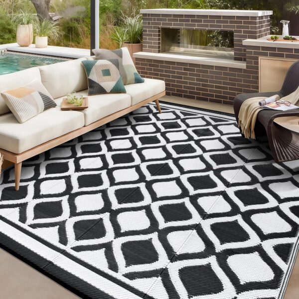 VK·LIVING Outdoor Rugs for Patios Waterproof 150X240cm Reversible Garden Carpet Large Modern Plastic Outdoor Mat Portable Lightweight Area Rugs for Balcony Camping Yard RV Beach Black&White - Image 2