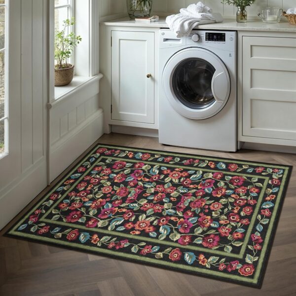 PureCozy Black Area Rug 3x5 Washable Living Room Rug Non Slip Winter Kitchen Rug Soft Floral Indoor Carpet Vintage Low Pile Accent Throw Rug for Office Dining Room Nursery Bathroom Farmhouse - Image 2