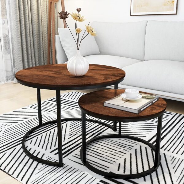 HOMERECOMMEND Round Nesting Coffee Table Modern Nesting Side Set of 2 End Table for Living Room,Round Wooden Accent Coffee Table with Solid Powder-Coated Metal Frame, Rustic Brown/Black - Image 4