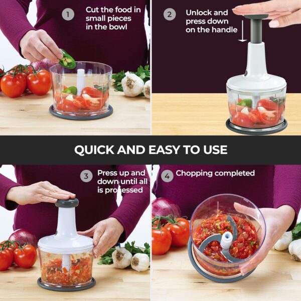 Hand Press Food Chopper | Manual Food Processor| Lightweight and Portable | Blender, Grinder, Chopper– Multipurpose Food Slicer for Vegetables, Fruits, Meat, Fish, Nuts - Image 4