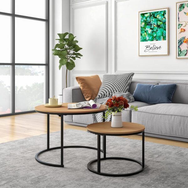 HOJINLINERO Black Round Coffee Table Set of 2 Side Table for Living Room,69.5x49cm Industrial Stacking End Tables,Wood Look Accent Furniture with Metal Frame End Table for Bedroom Decorations,Black - Image 3