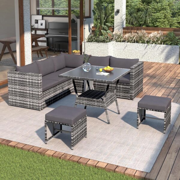 Rattan Garden Furniture Set - 5 Piece Outdoor Corner Sofa Patio Set with Glass Coffee Table and Stools for 7 People - Stylish and Comfortable Outdoor Seating - Image 2